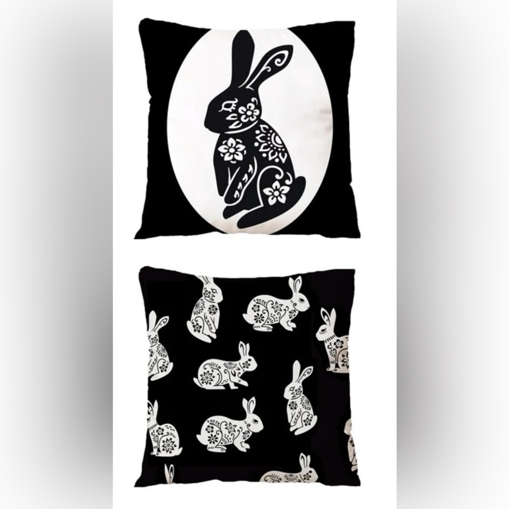 Seasonal Pillow Covers Easter Bunnies Zip Closure 17.7 In Black White Set of 2